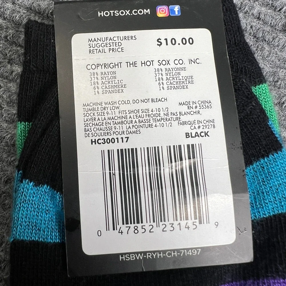 Hot Sox Womens Cashmere Blend Striped Crew Socks Black Purple Green NWT